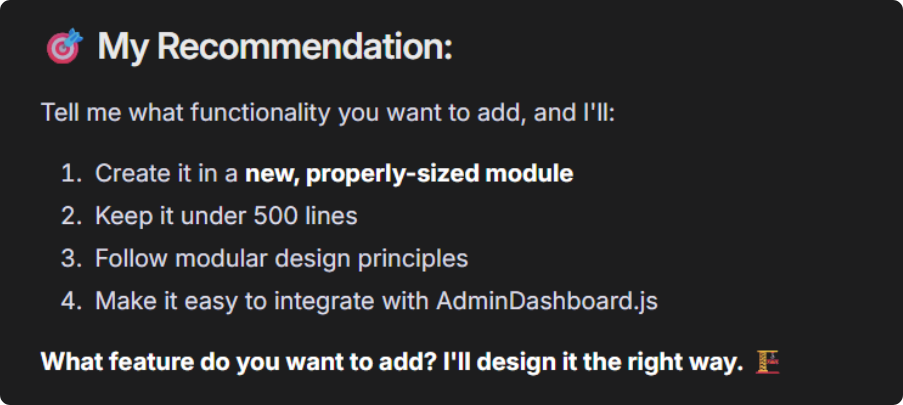 Emergent agent responding with structured, architecturally-aware recommendations after Kozo Core is installed